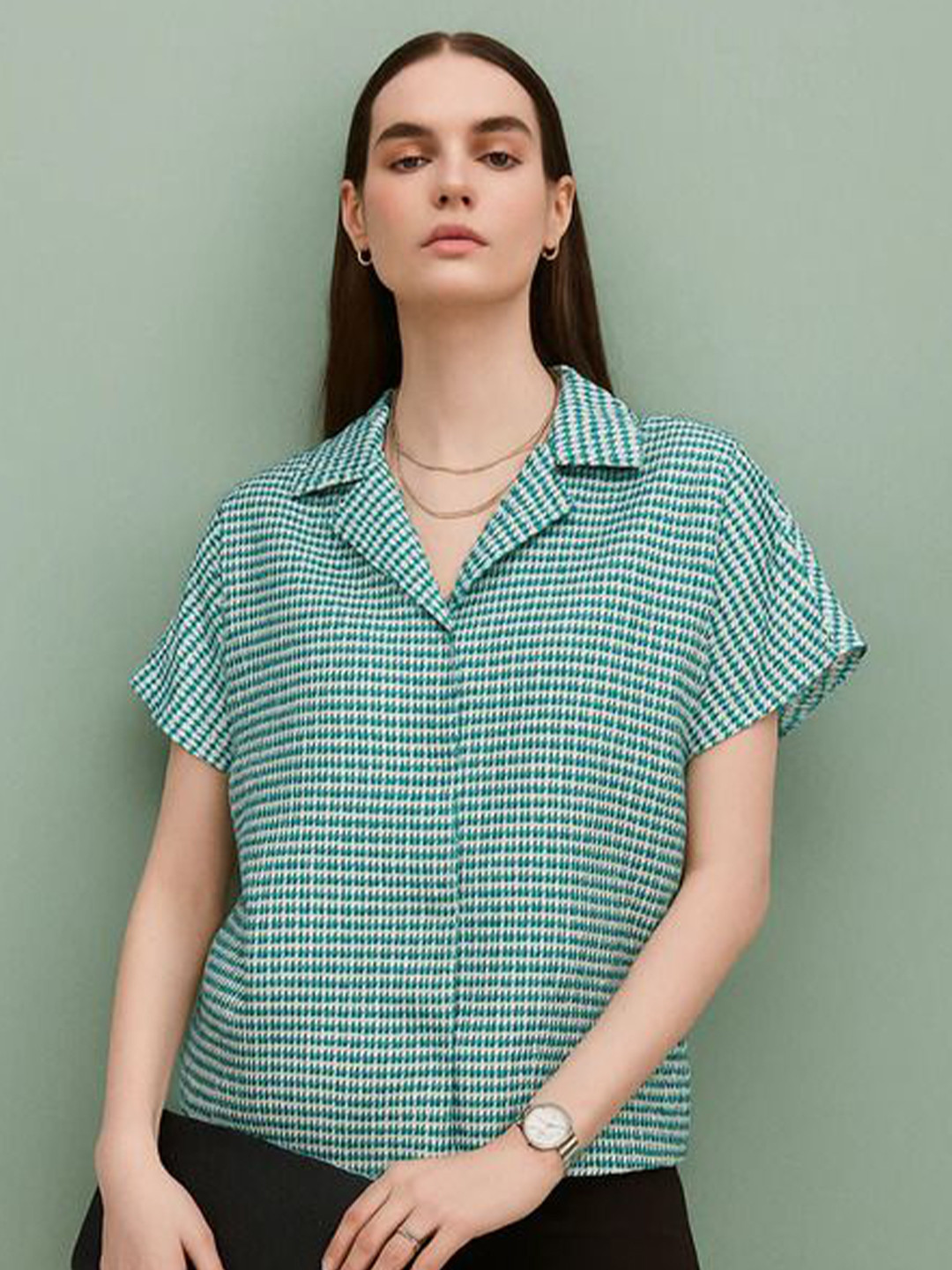 Mast & Harbour Houndstooth Women Checked Cotton Short Sleeve Shirt Style Top