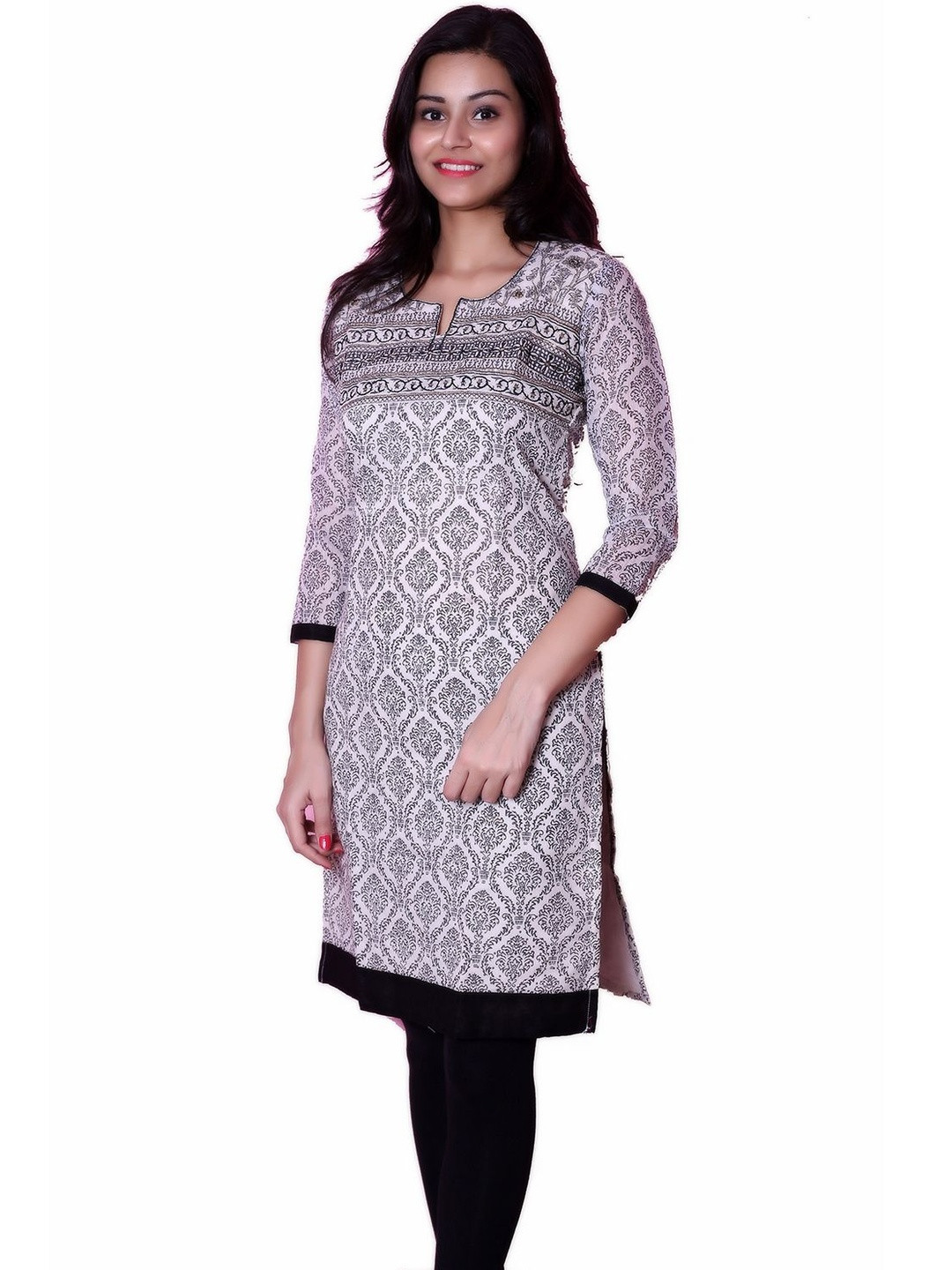 Inara Robes Women Floral Chanderi Cotton White with Black Embroidered Kurta