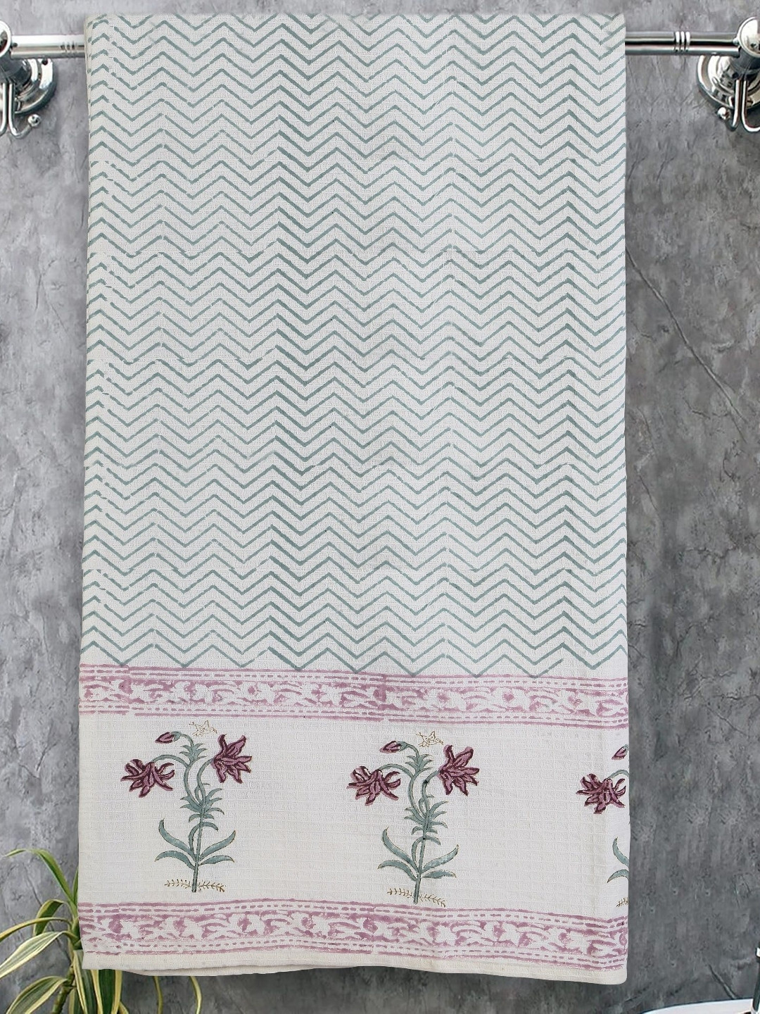 Texstylers White & Blue Chevron Printed Cotton 300 GSM Bath Towel -  30x60 Inches