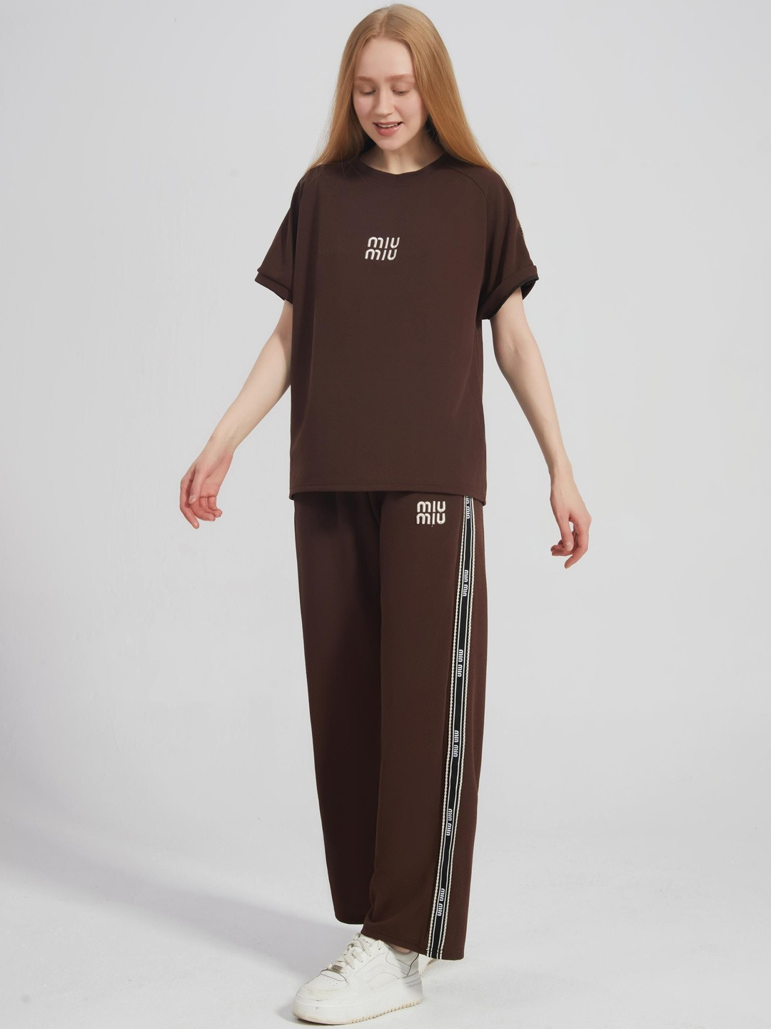Stem Rope Women Coffee Brown T Shirt & Side Striped Trousers