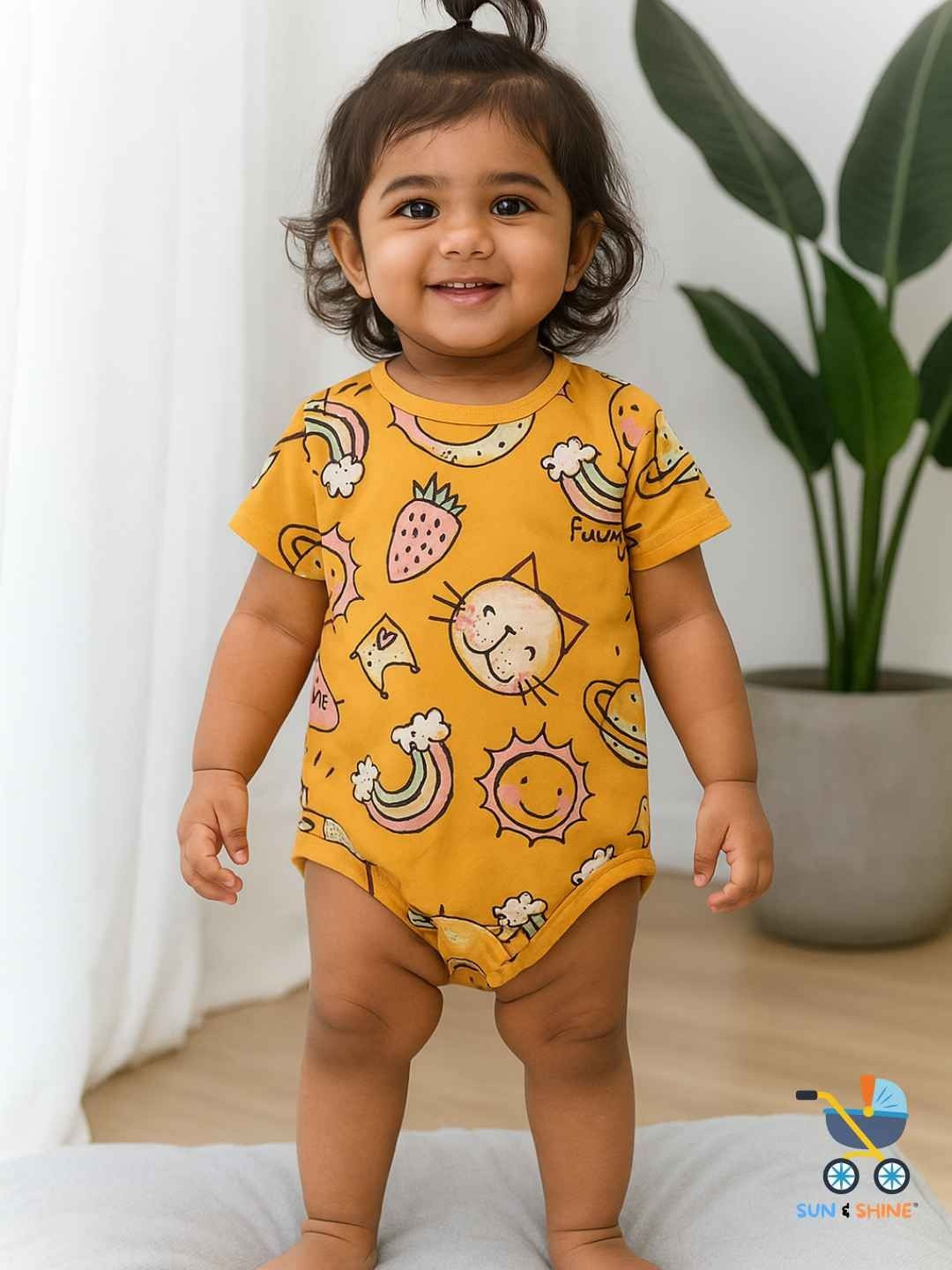 Sun & Shine Kids Orange Cute Kitty Printed Cotton Rompers