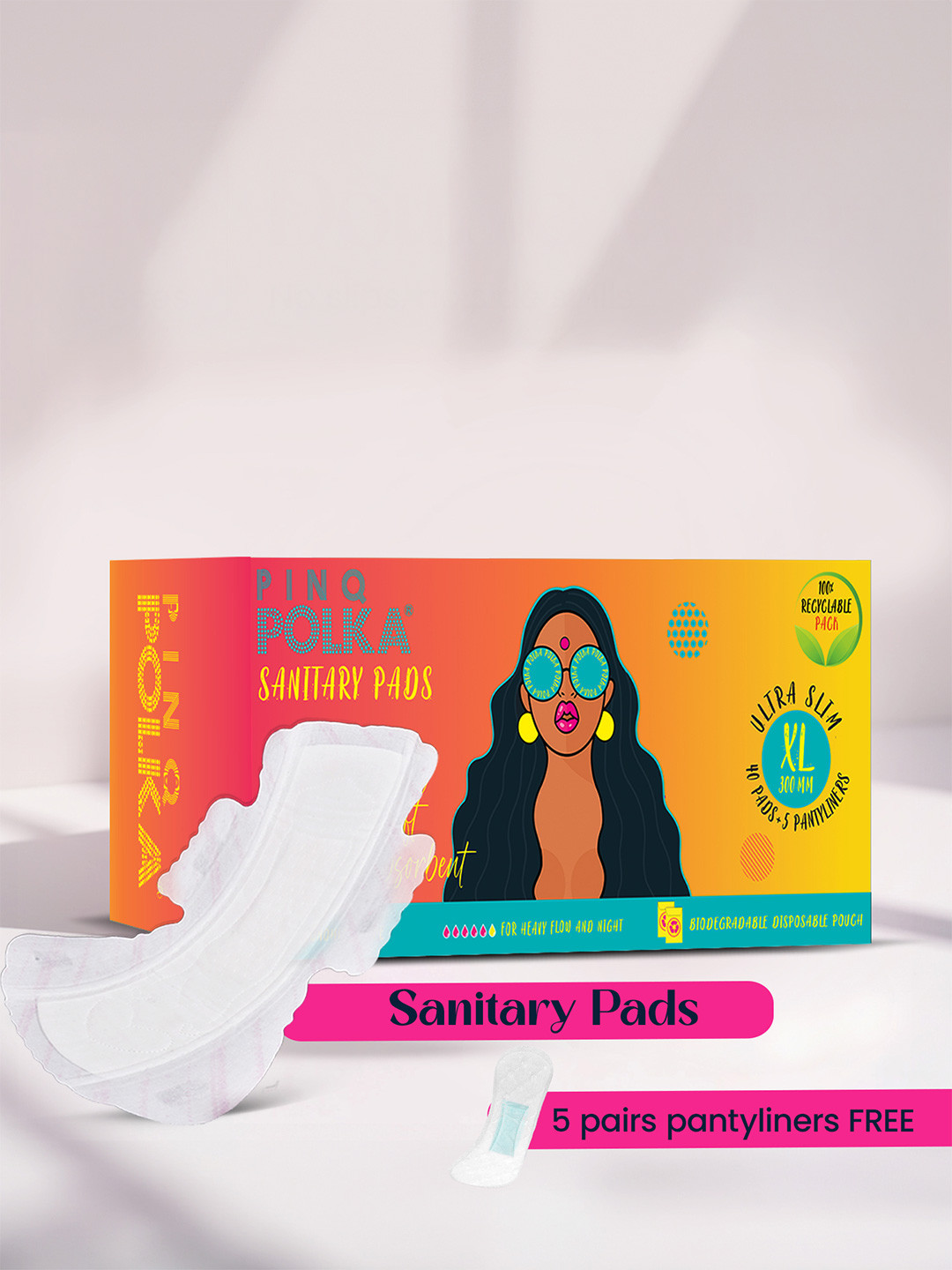 PINQ POLKA Premium Cotton Feel XL Day Heavy Flow Sanitary Pads With Panty Liners - 40 Pads