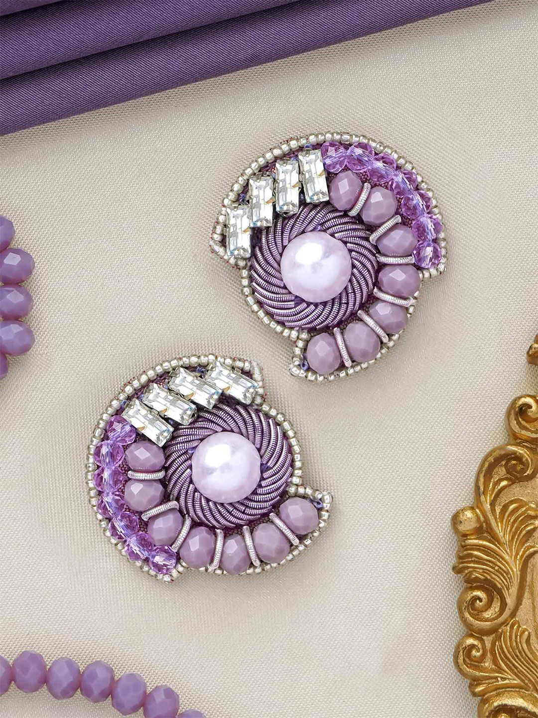 EVERSTYLISH Artificial Stones And Pearls Studded Embroidered Contemporary Studs