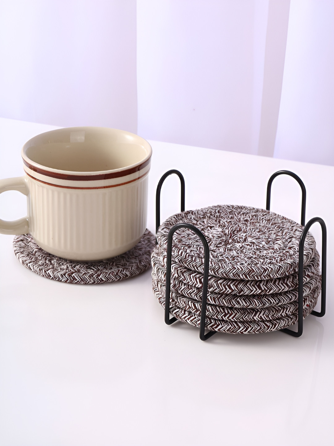 TIED RIBBONS Brown & White 6 Pieces Woven Design Round Cotton Coasters With Holder