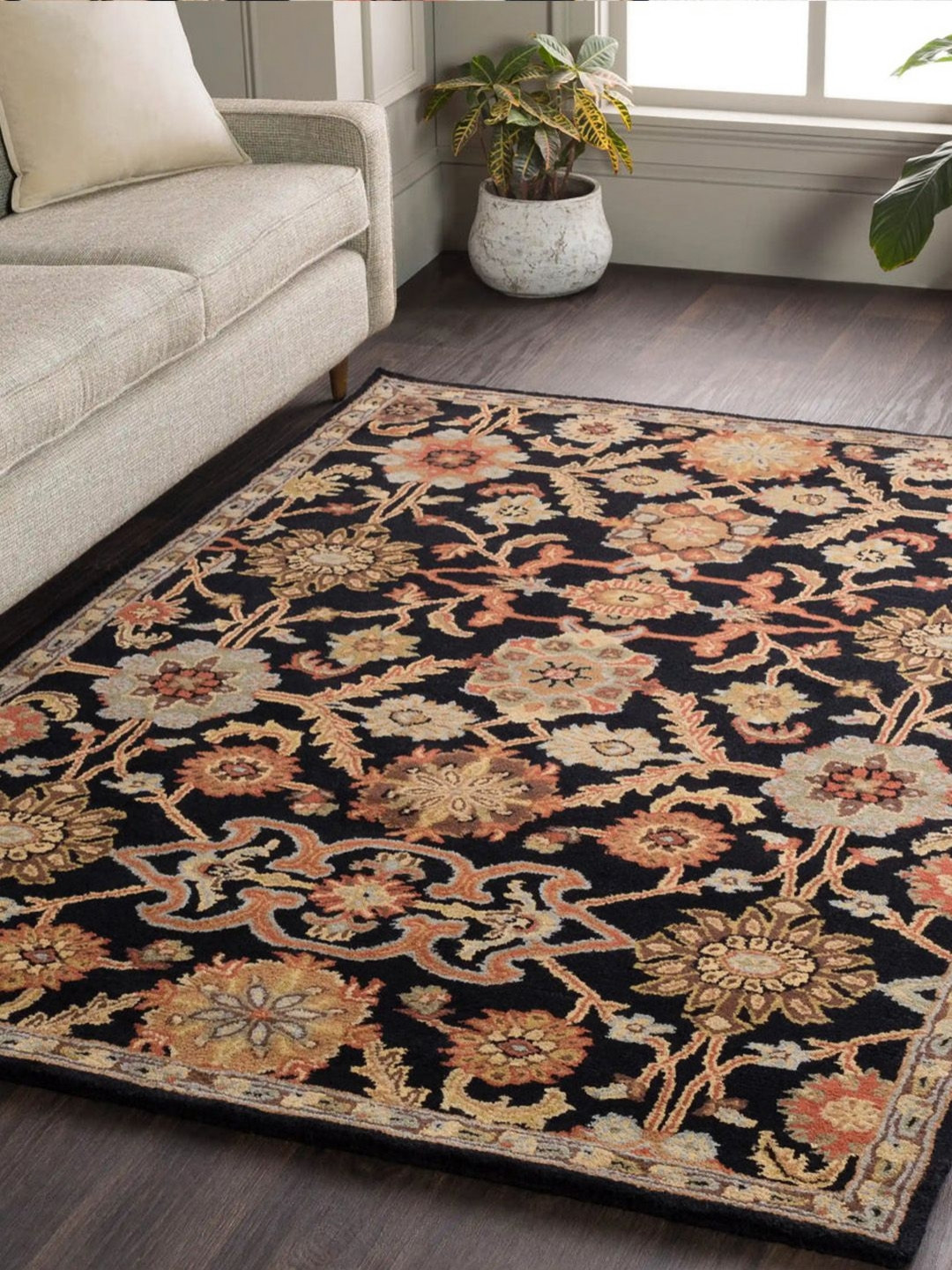 Surya Living Black & Peach-Colored Traditional Anti-Skid Woollen Carpet