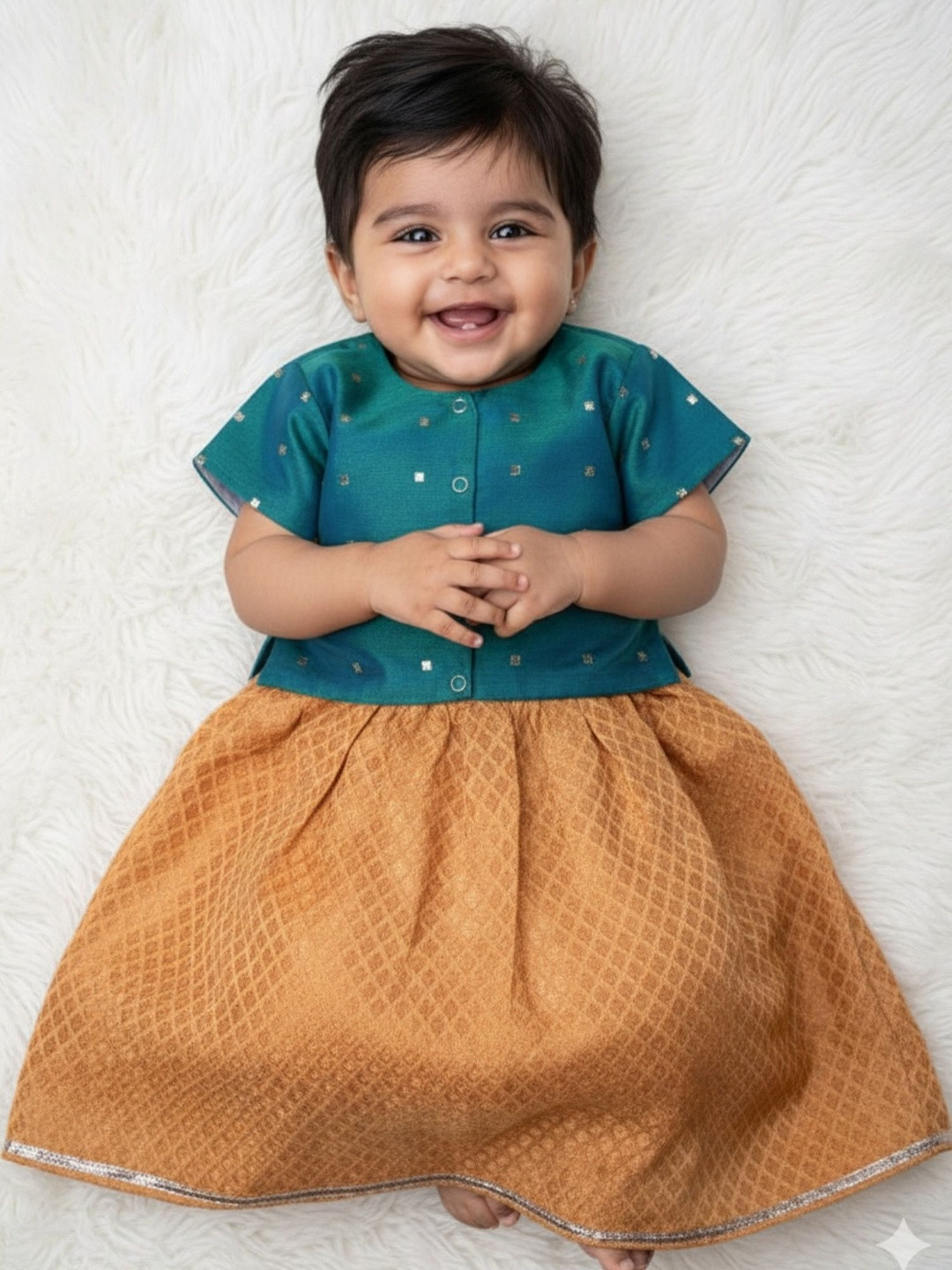 Sangria Baby Girl Gold Lehenga and Peacock Green Blouse Set