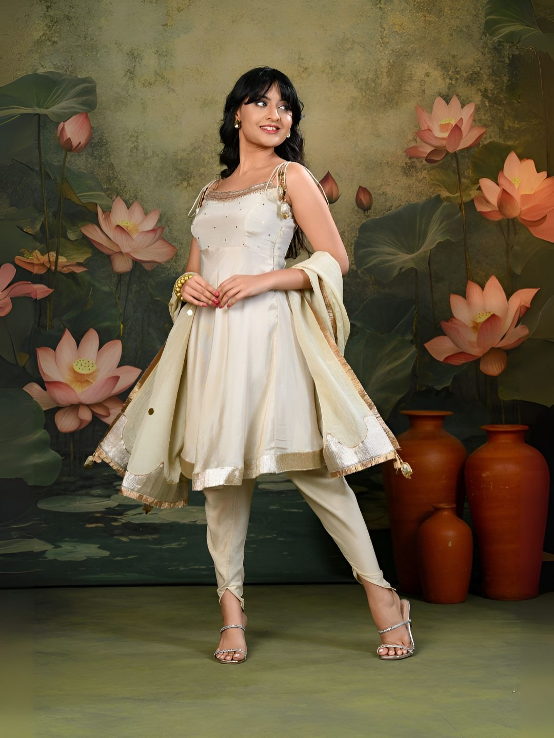 SHOP GULMOHAR Women Solid A-Line Kurta with Churidar & Dupatta