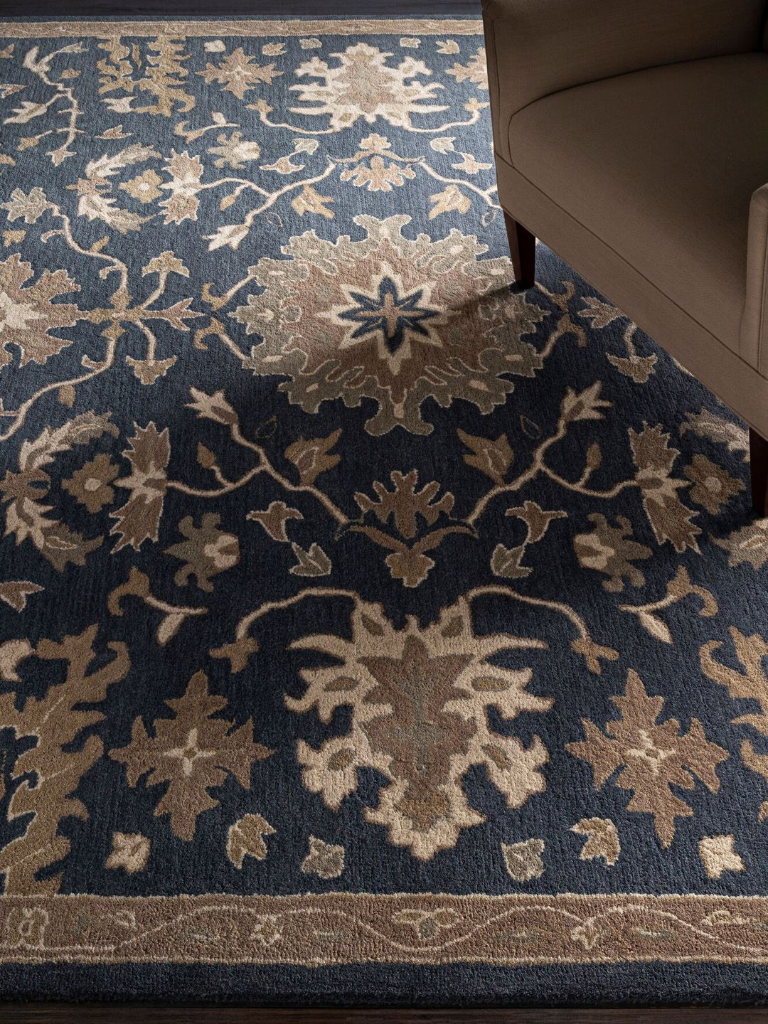 Surya Living Navy Blue Ethnic Motifs Self Design Woollen Anti-Skid Carpet