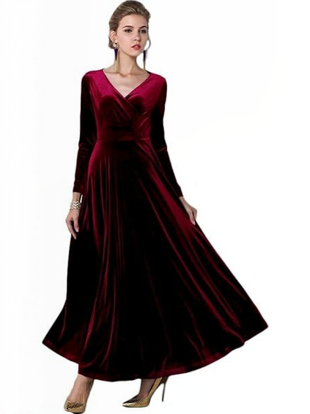 WESTCHIC Women Maroon Velvet Fit & Flare Maxi Dress
