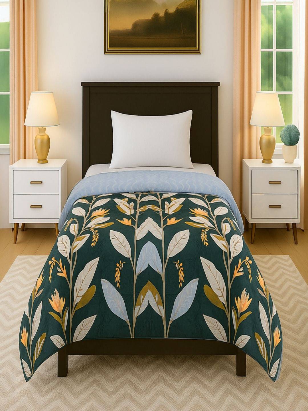 Threadwear Life Style Series Green Printed AC Room 300 GSM Cotton Single Bed Comforter