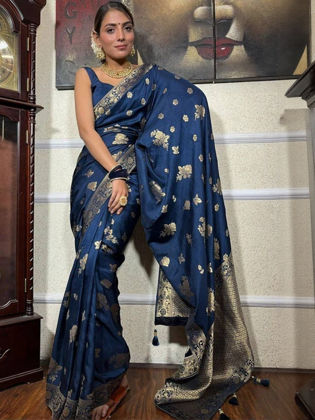 KALINI Navy Blue Floral Designer Saree