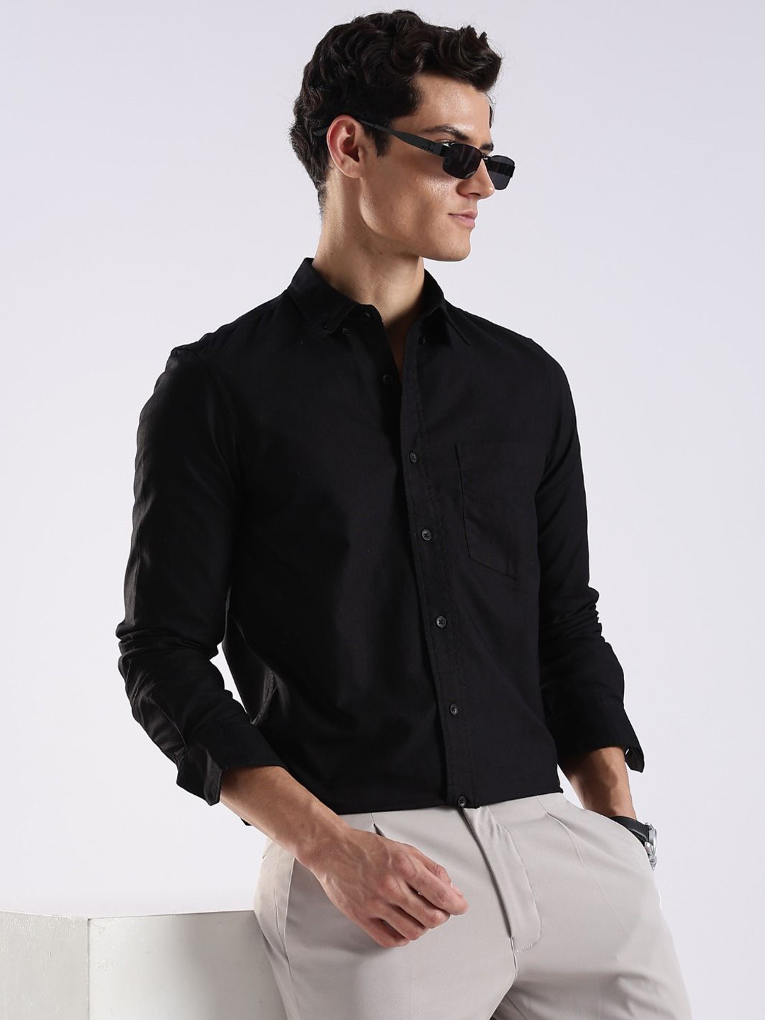 Blu MNKY Men Classic Slim Fit Solid Button-Down Collar Cotton Casual Shirt