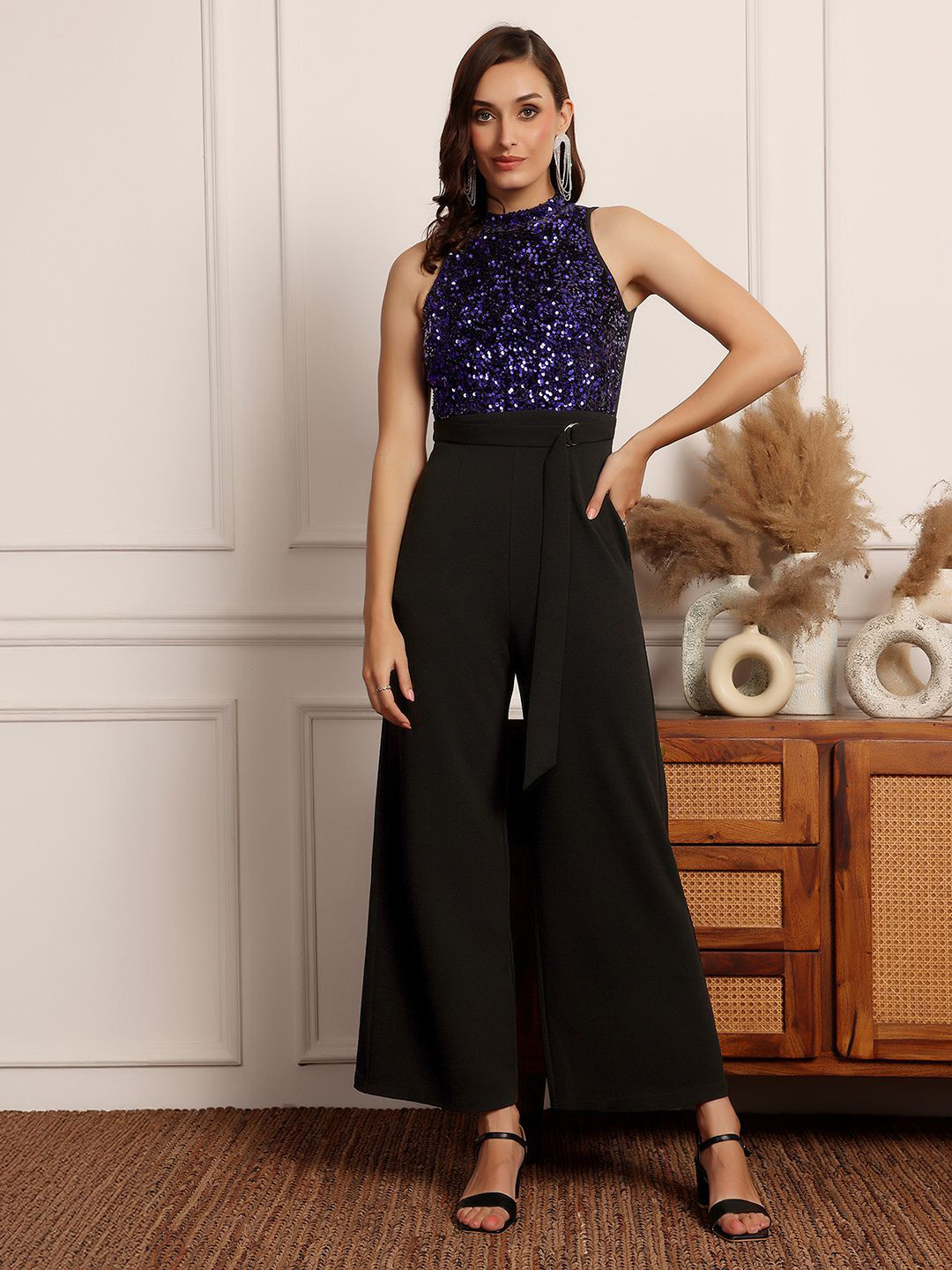 Miss Chase Women's Halter Neck Sleeveless Embellished Regular-Length Jumpsuit