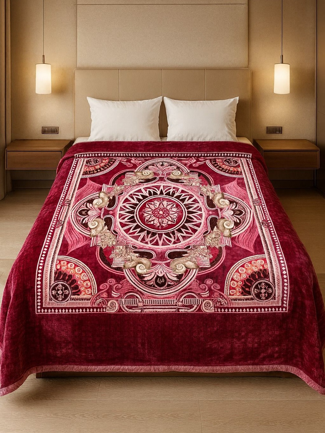 Signature Burgundy Floral Mild Winter 380 GSM Double Bed Blanket