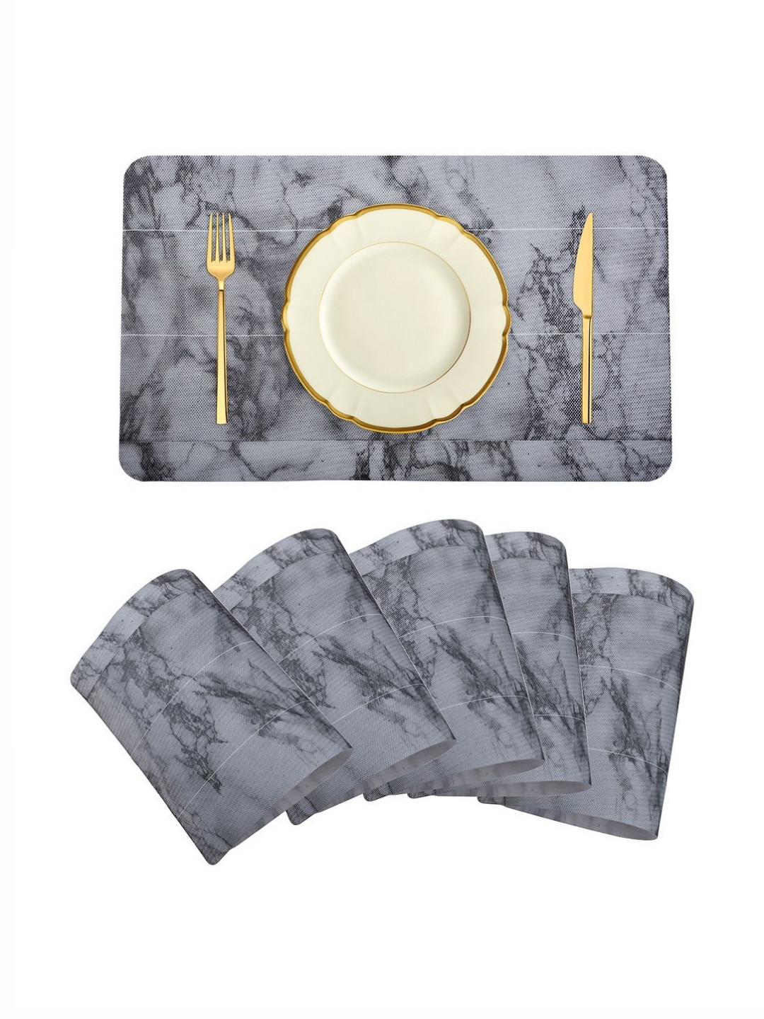 Aura Grey & White 6 Pieces Marble Printed Rectangle Table Placemats