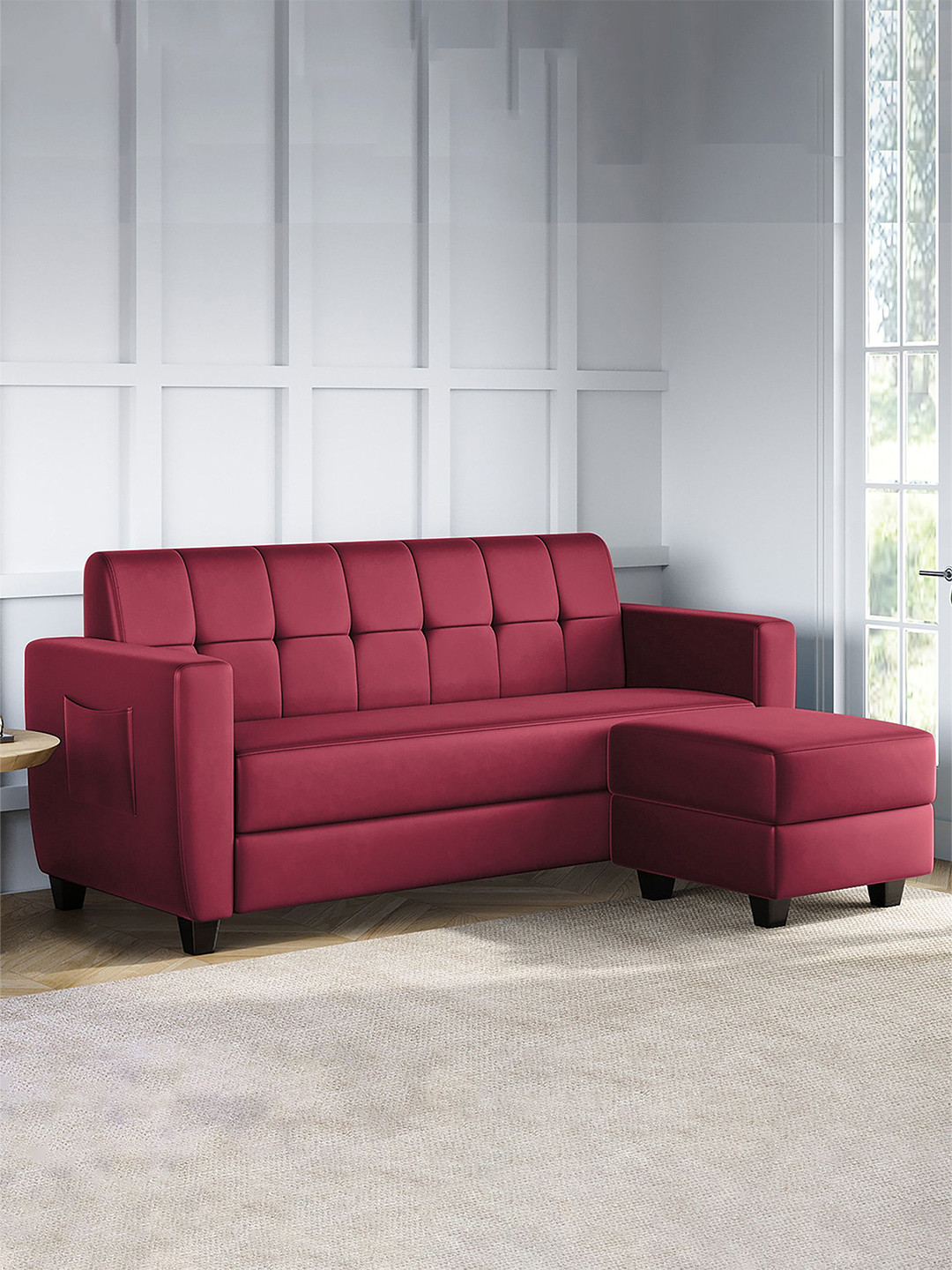 ARRA Maroon Remo Tufted Back Fabric 4 Seater Sofa With Ottoman