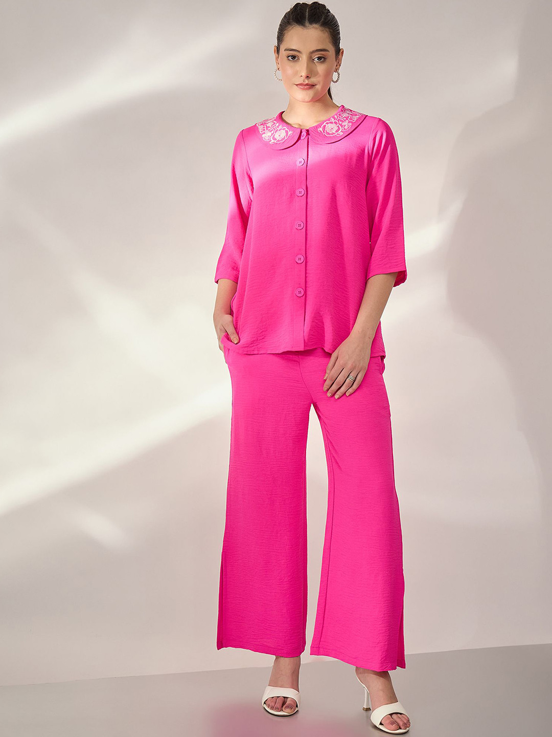 PANIT Embroidered Collar Polyester Shirt And Trouser