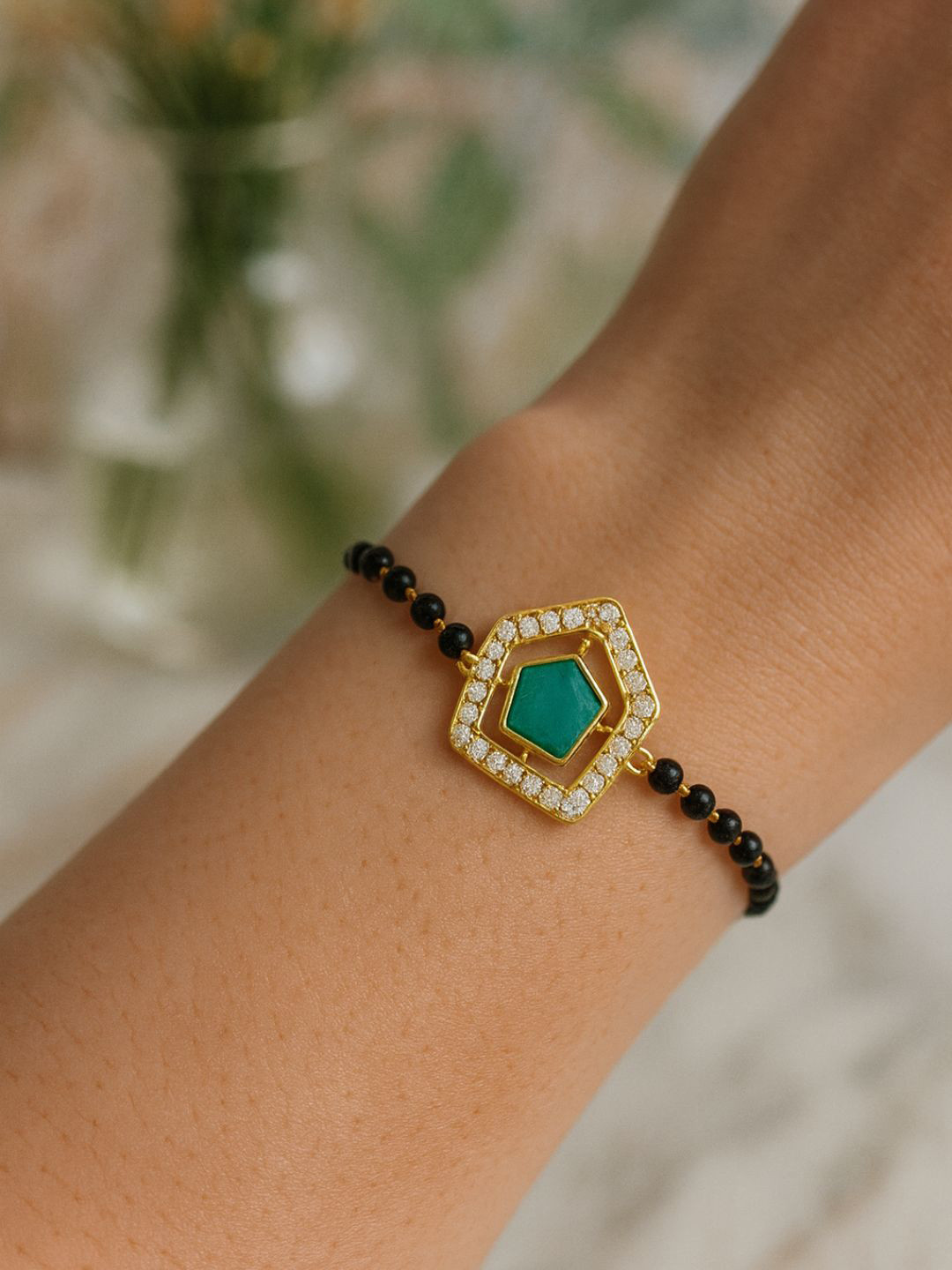 I Jewels Gold-Plated Kundan Studded & Beaded Hand Mangalsutra