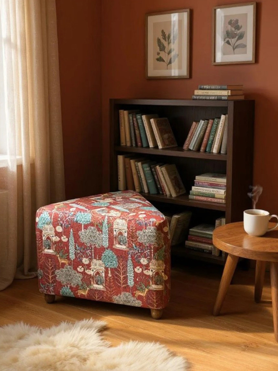 KURCHEE Floral Printed Boho Wooden Ottoman