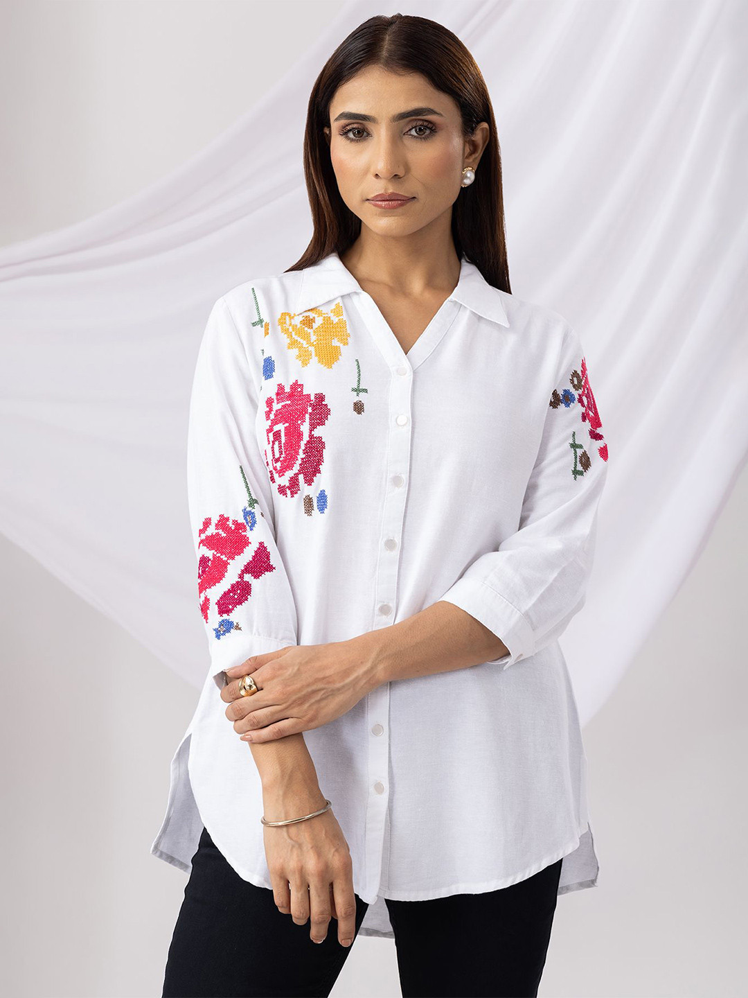 Mustard Self Design Shirt Style Top