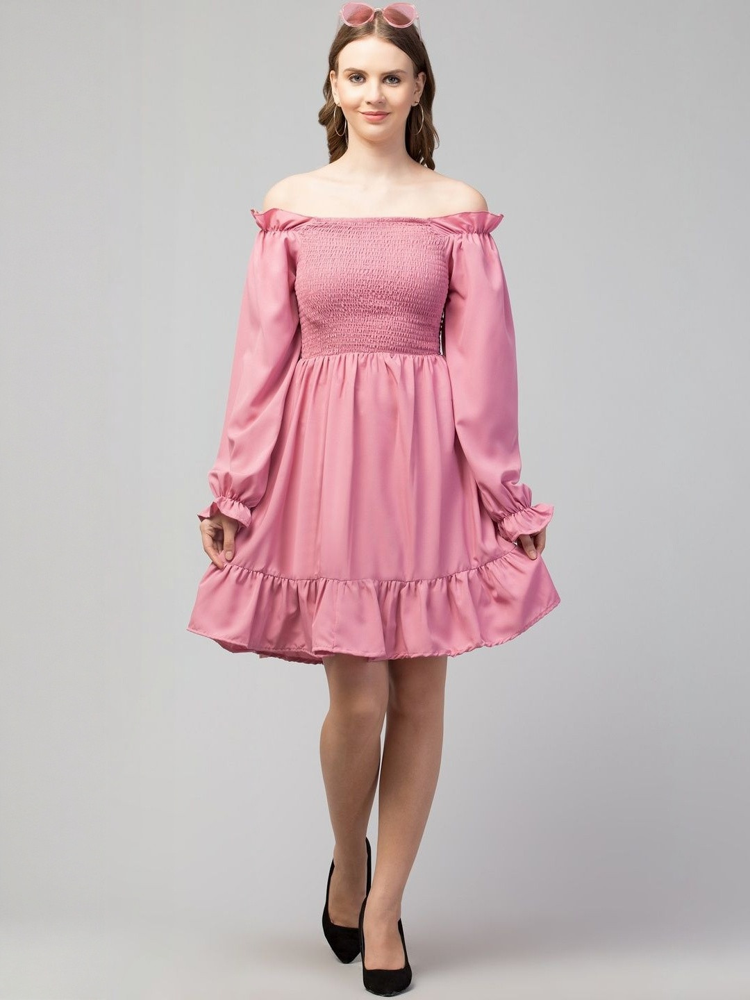 lavika traders Cuffed Sleeve Smocked Off-Shoulder Crepe Fit & Flare Dress