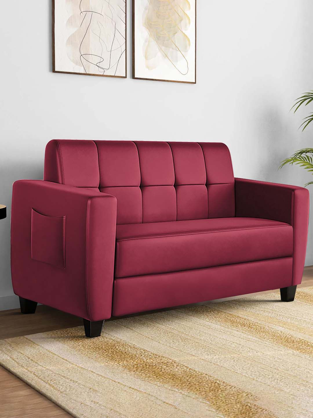 ARRA Maroon Velvet Remo Tufted Back Fabric 2 Seater Sofa