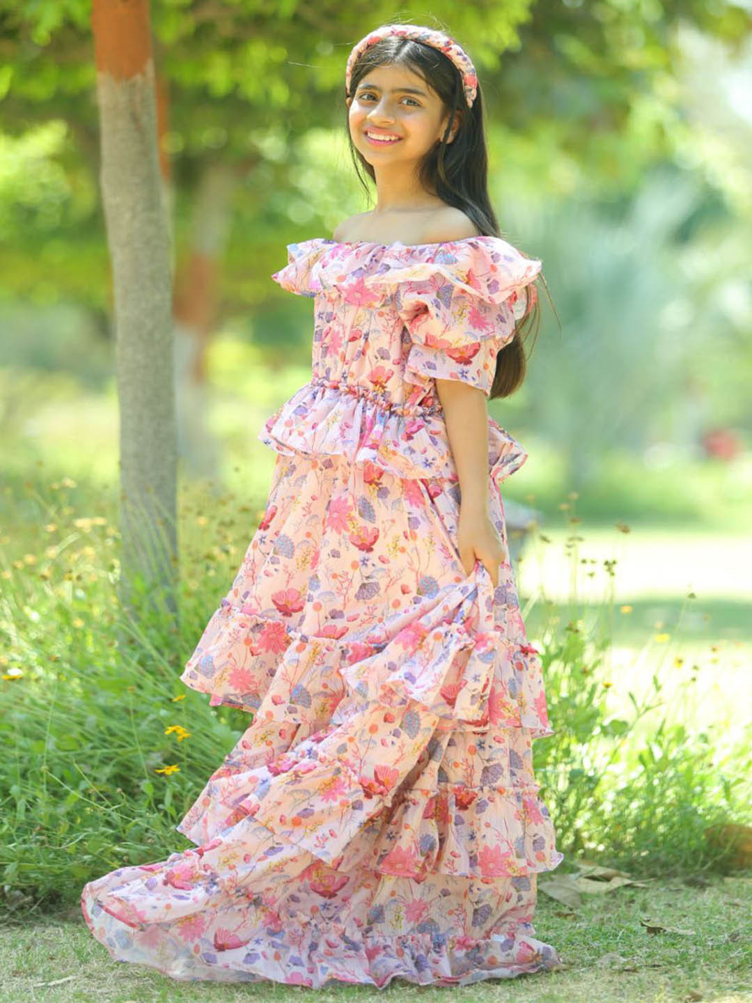 LH LUXURY FASHION Girls Off-Shoulder Floral Print Ruffles Detail Fit and Flare Dress