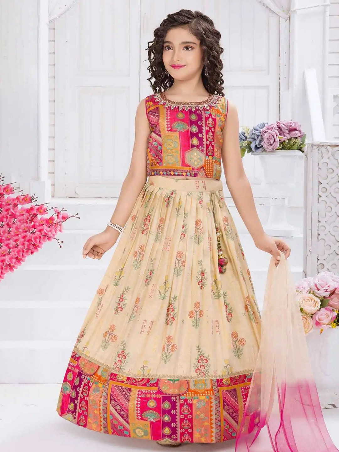 Lagorii Girls Embellished Banarasi Pavadai Lehenga & Blouse With Dupatta