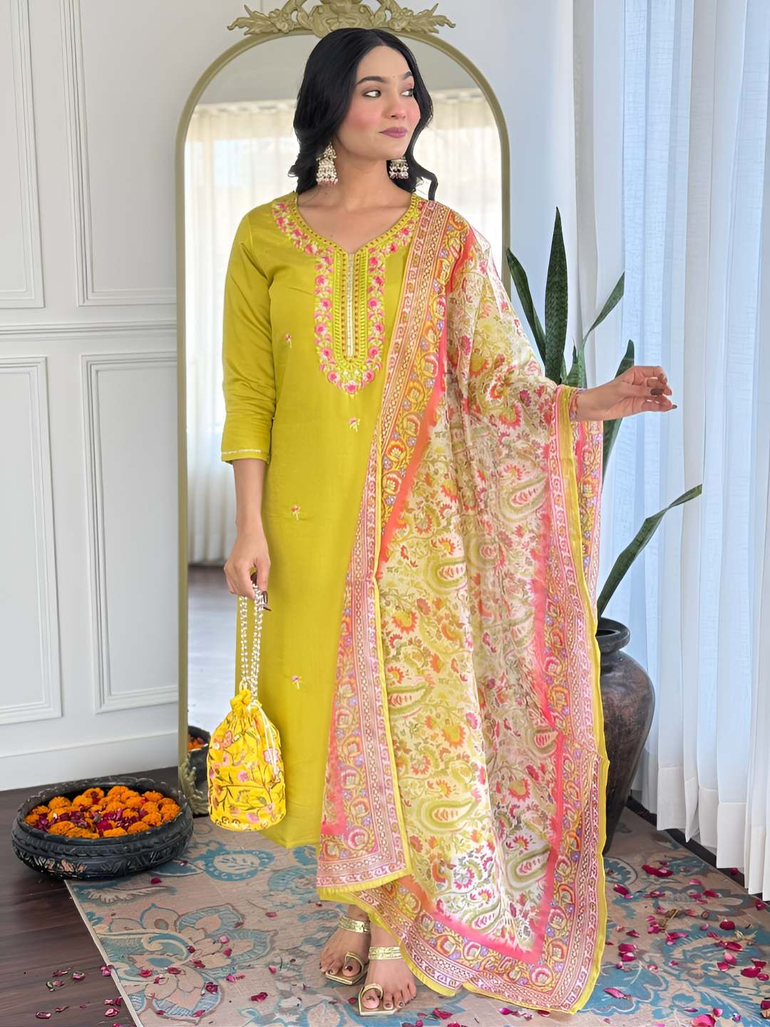 Pantos Floral Yoke Design V-Neck Thread Work Kurta With Trousers & Dupatta