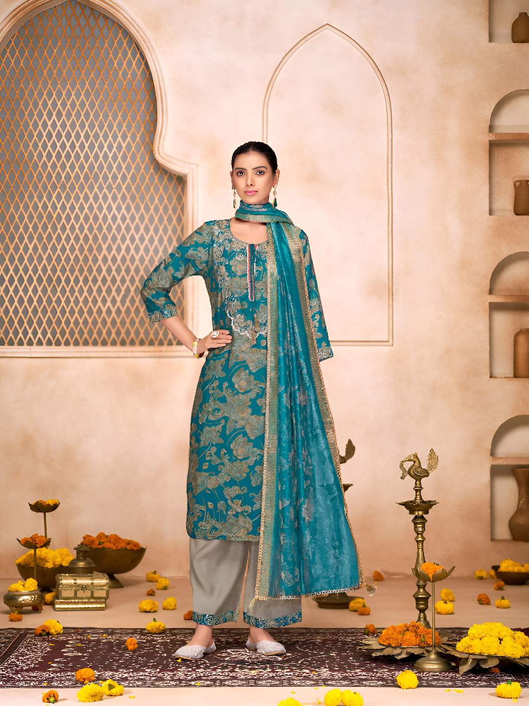 BulBul Women Ethnic Motifs Printed Hand Work Kurta with Palazzos & Dupatta