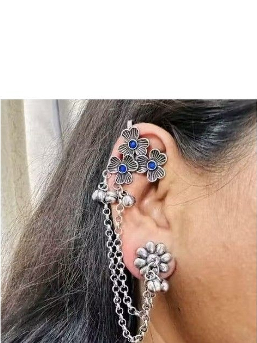 Sangria Silver Plated Artificial Stones Oxidised Floral Ear Cuff