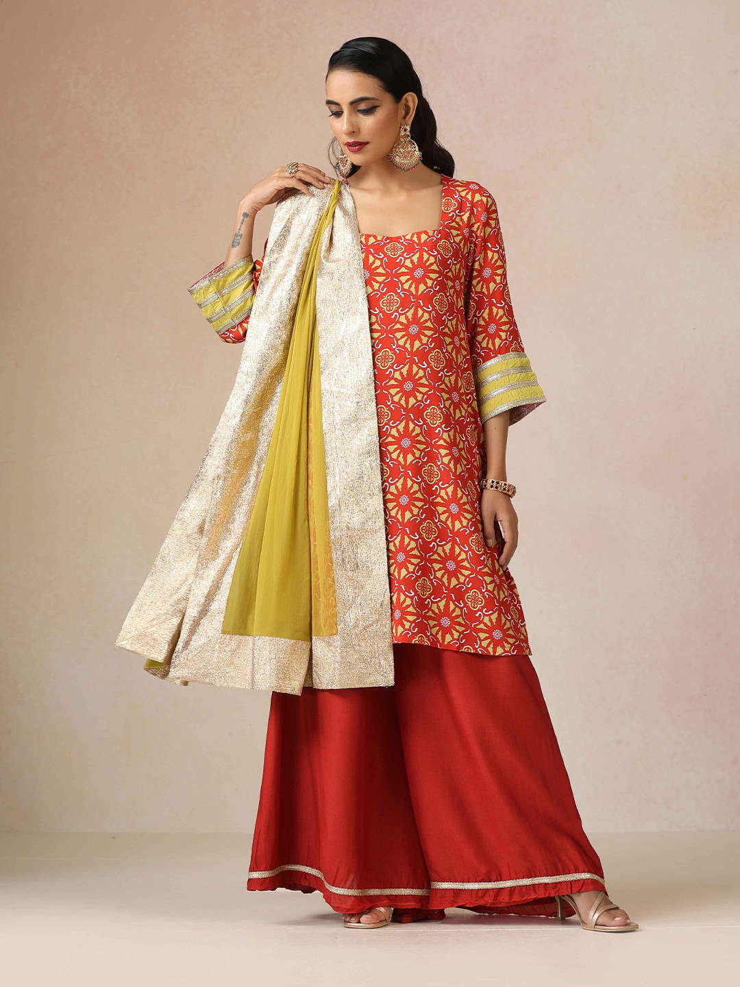 trueBrowns Red Light Green Print Viscose Kurta Sharara Set