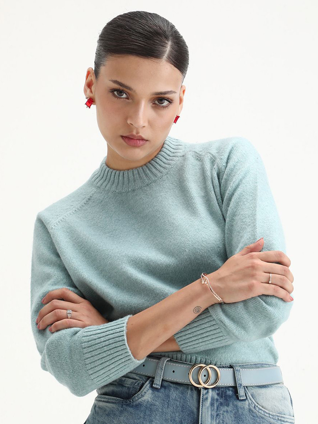 RAREISM Women Round Neck Long Sleeves Mitsu Light Blue Pullover