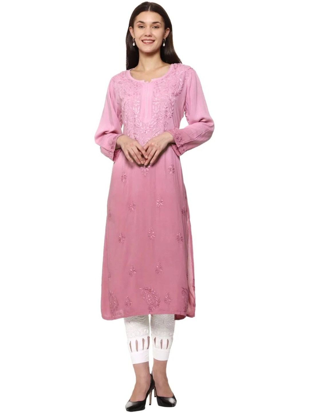 MALABIS Women Ethnic Motifs Viscose Rayon Dyed Chikankari Rayon Long Kurti