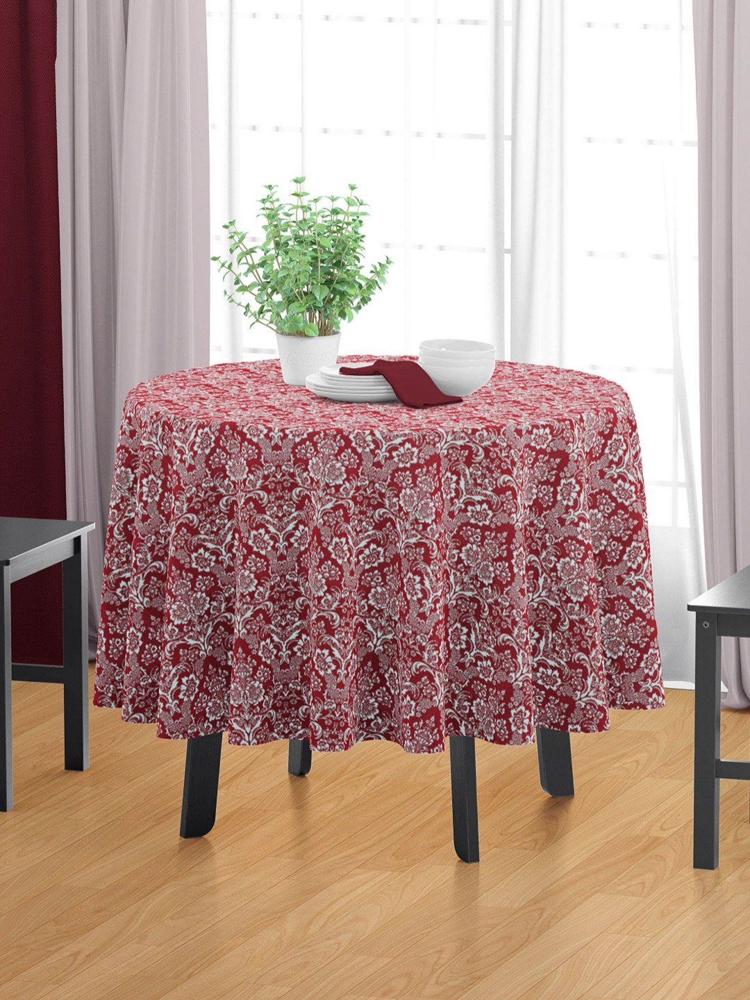 HOME COLORS.IN Red Floral Cotton Round 4-Seater Table Cover