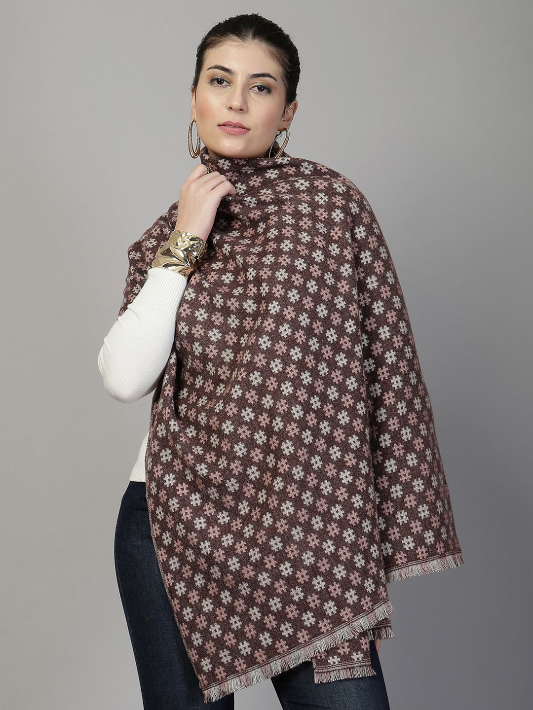 Mafadeny Women Checkered Stole with Fringe