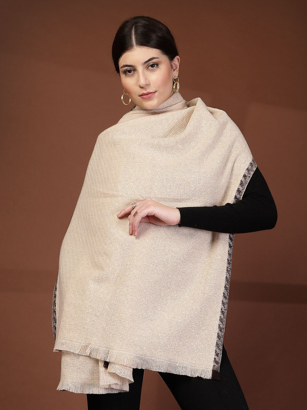 Mafadeny Women Self Design Scarf with Fringe Edges