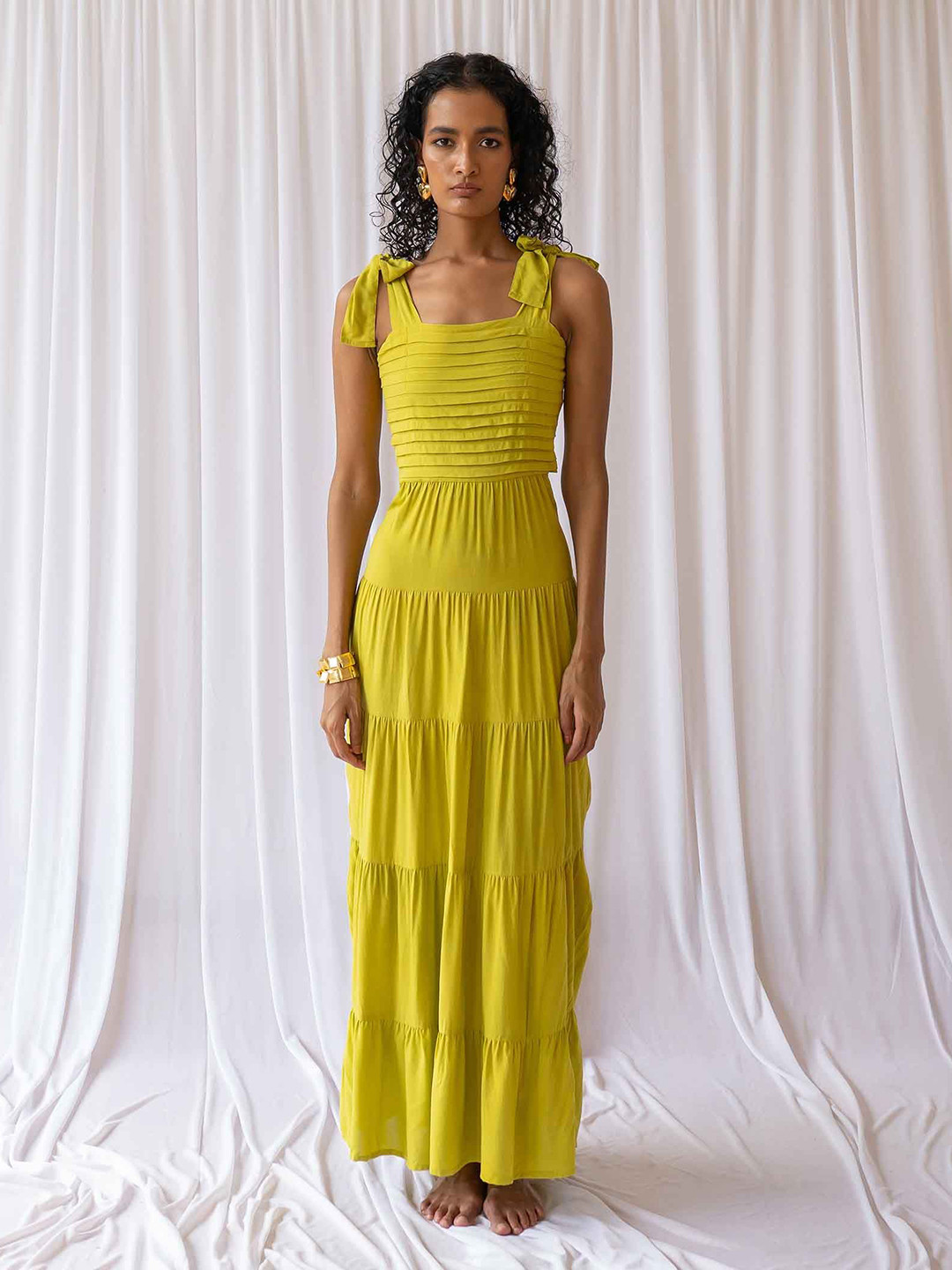 Endless Affair Women Shoulder Straps Tiered Tie-Ups Sleeveless Maxi Dress