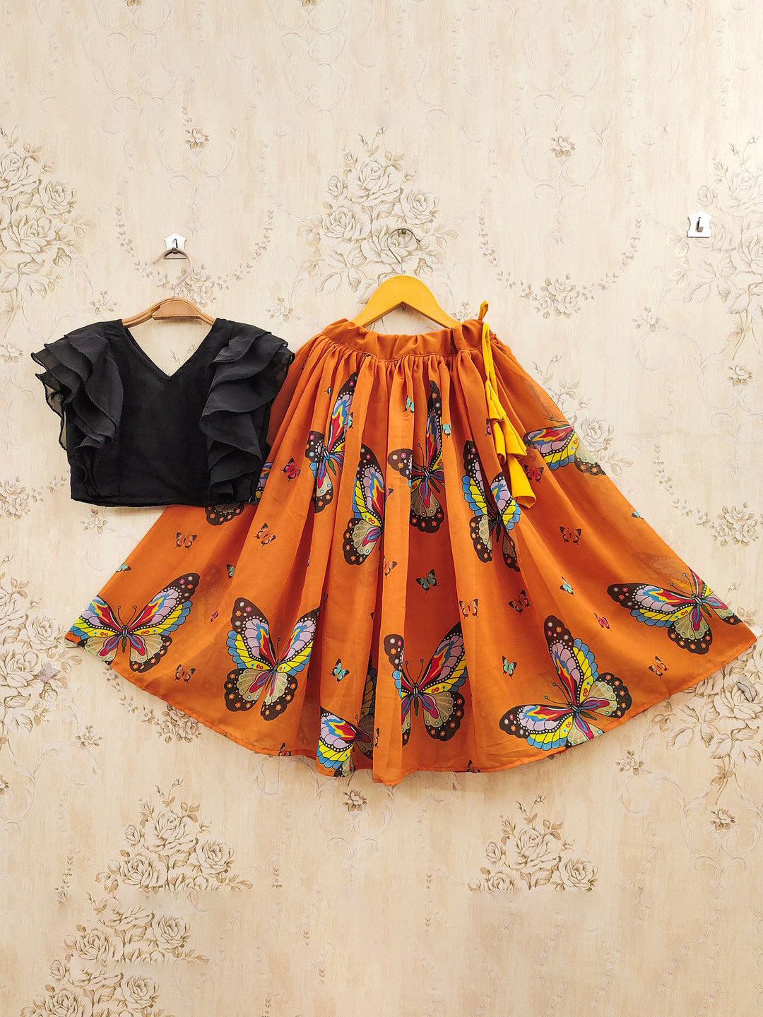 JOVK DESIGN Girls Orange Printed Drawstring Lehenga Choli