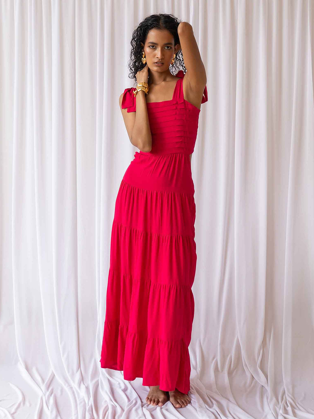 Endless Affair Leia Peacock Women Solid Shoulder Straps Tiered Maxi Dress