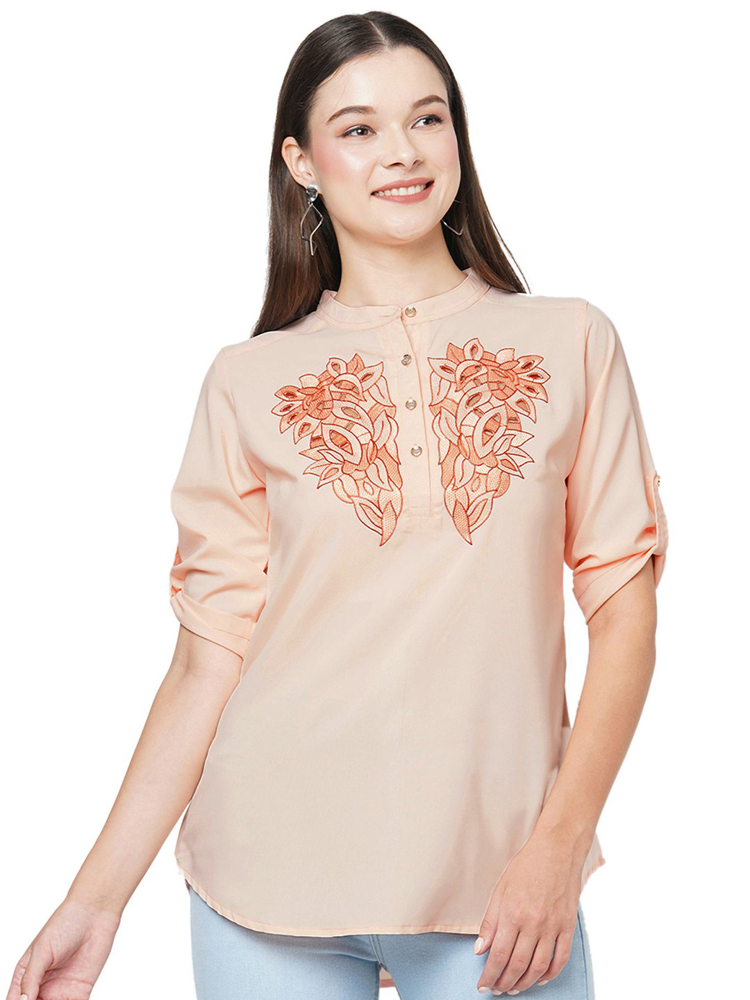 G0-4 IT Women Solid Embroidered Mandarin Collar Georgette Shirt Style Top