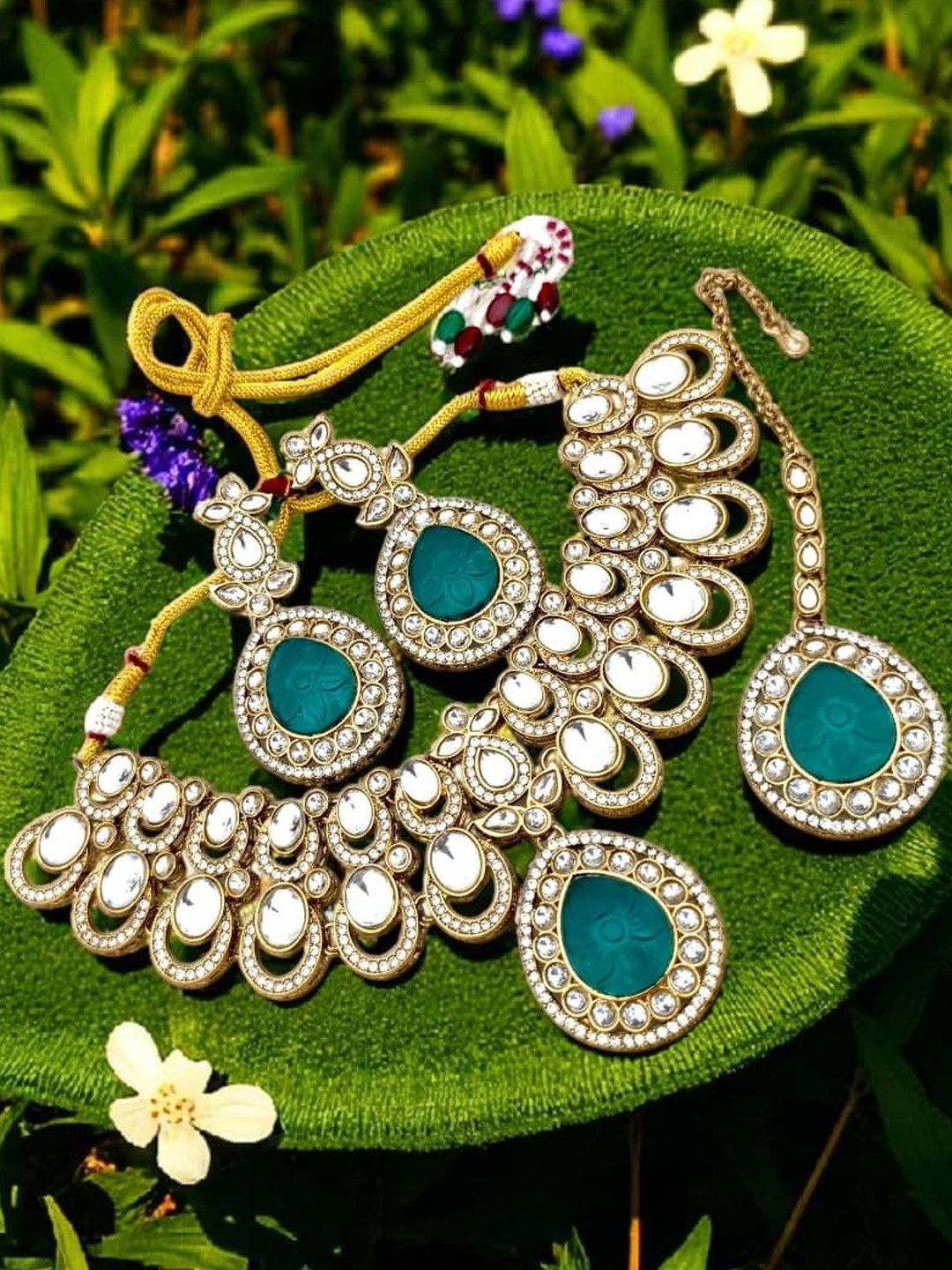 BFC - BUY FOR CHANGE Gold Plated Stone Studded Peacock Green Color Jewellery Set