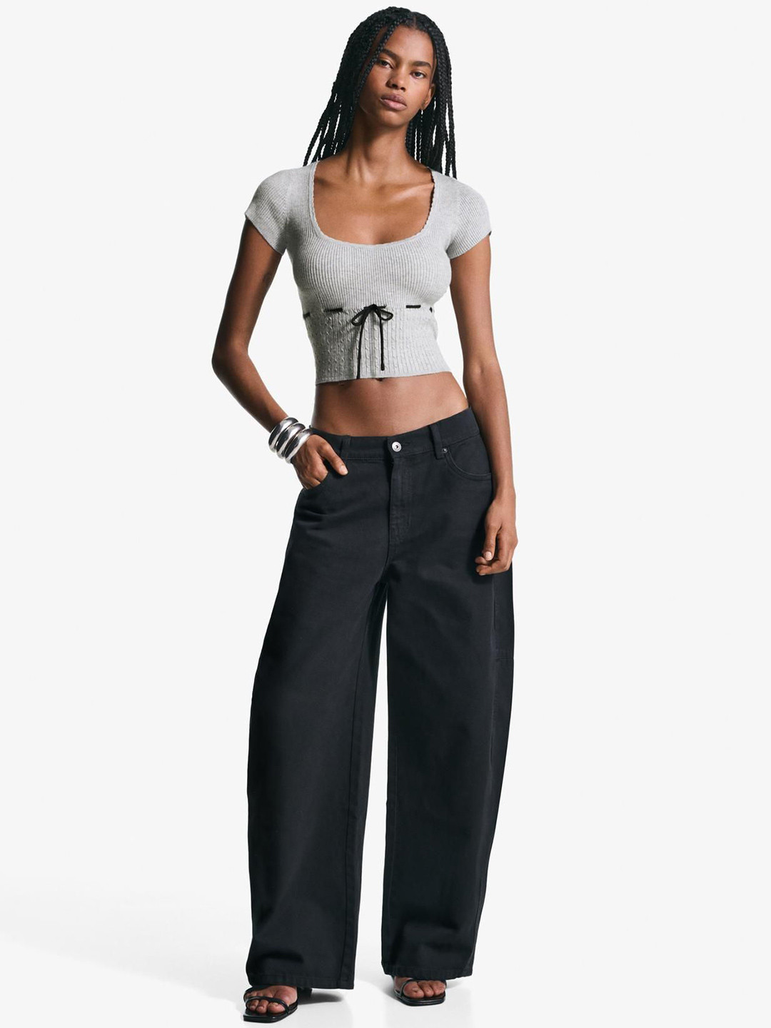 Bershka Short Sleeve Cable-knit Sweater With Tie