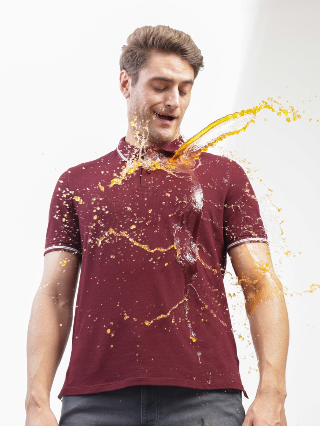 TURMS Men Solid Polo Collar Half Sleeves Stain And Water Repellent Cotton Tshirt