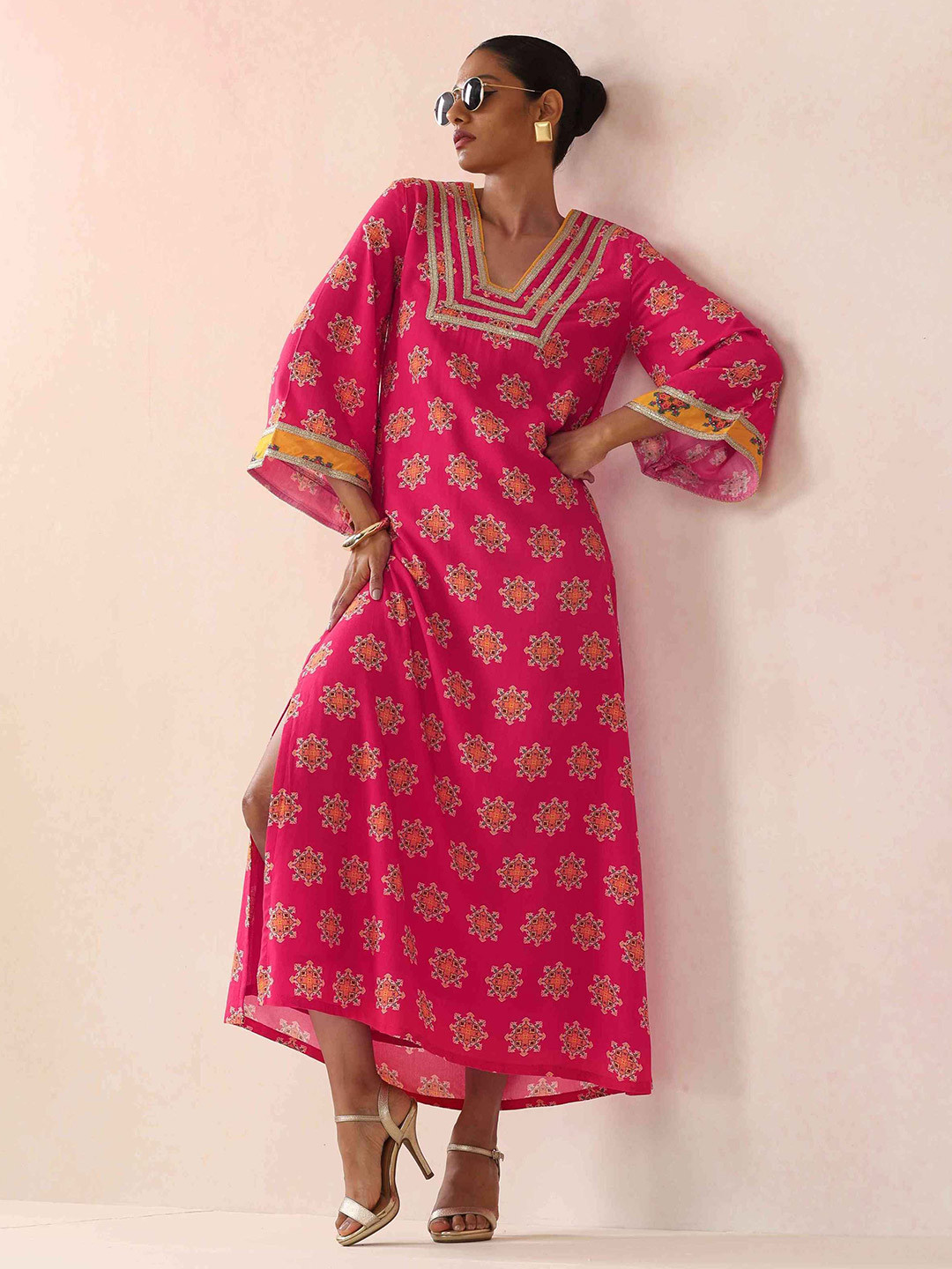 trueBrowns Women Pink Boota Printed Viscose Straight Maxi Dress