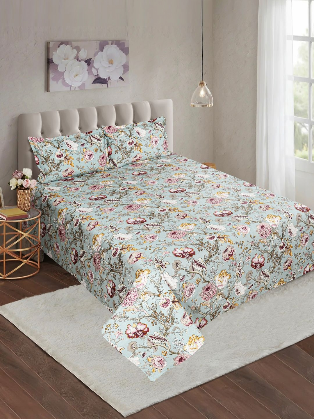 fingercraft Cover Grey Melange & Pink Floral Cotton 180 TC Bedsheet 2.50 m x 2.25 m