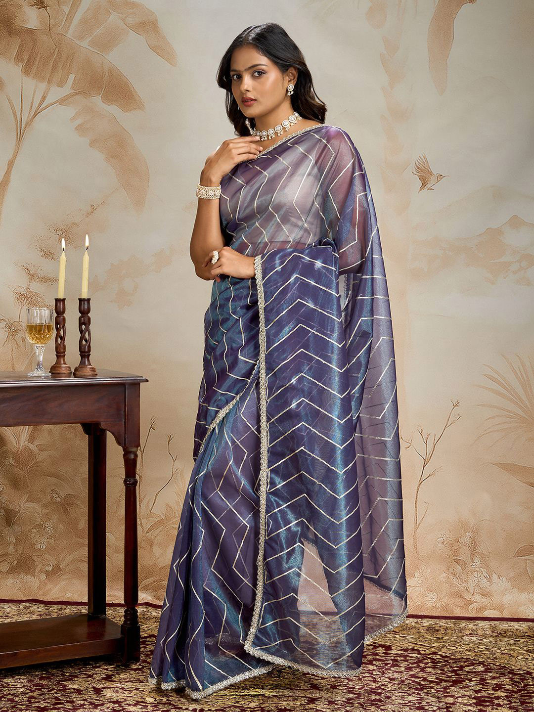 TEEJH Rabina Midnight Violet Net Gota Saree