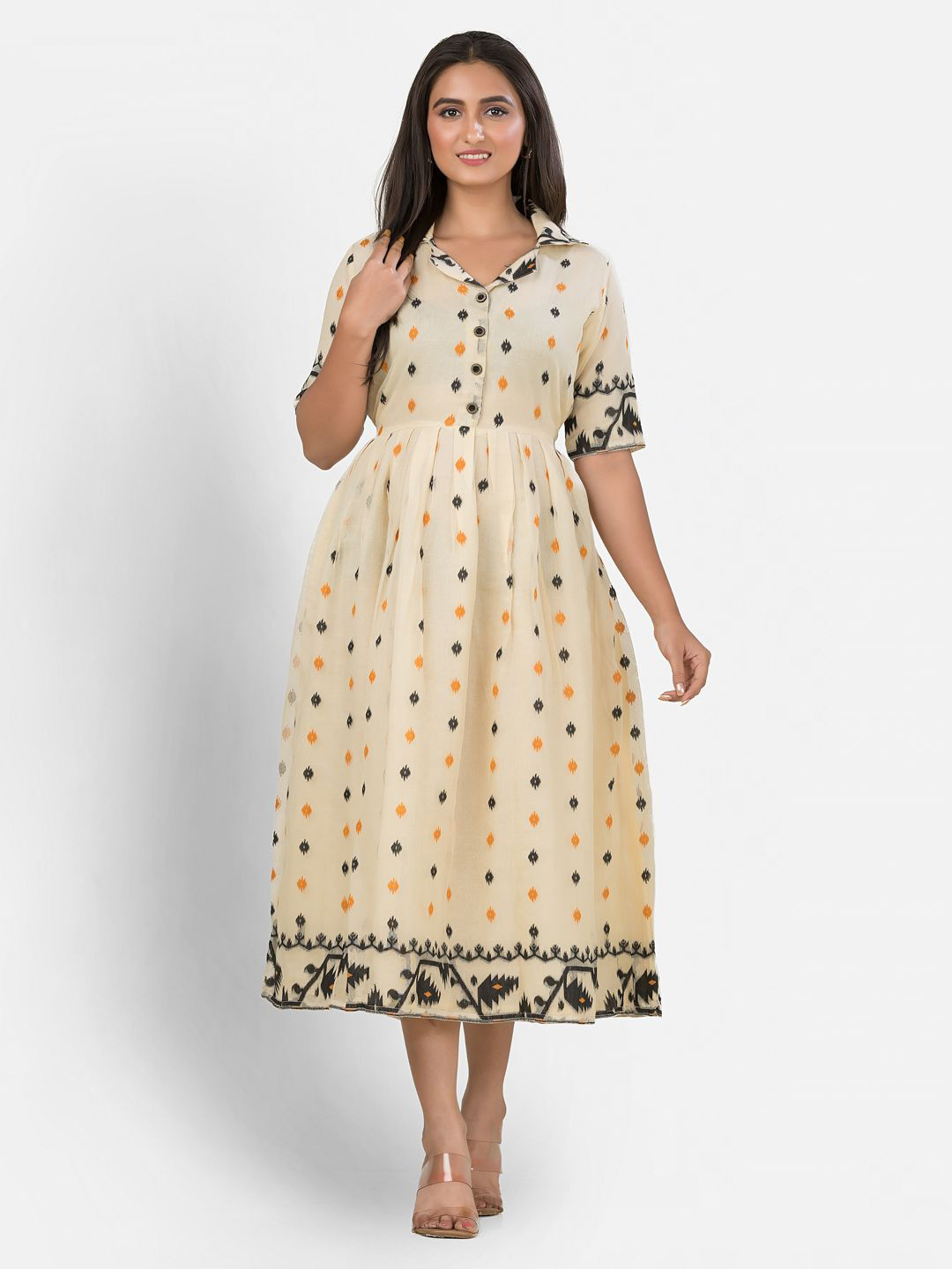 Crazy Needle Women Polka Dots Printed Gathered or Pleated Cotton Fit & Flare Midi Dress