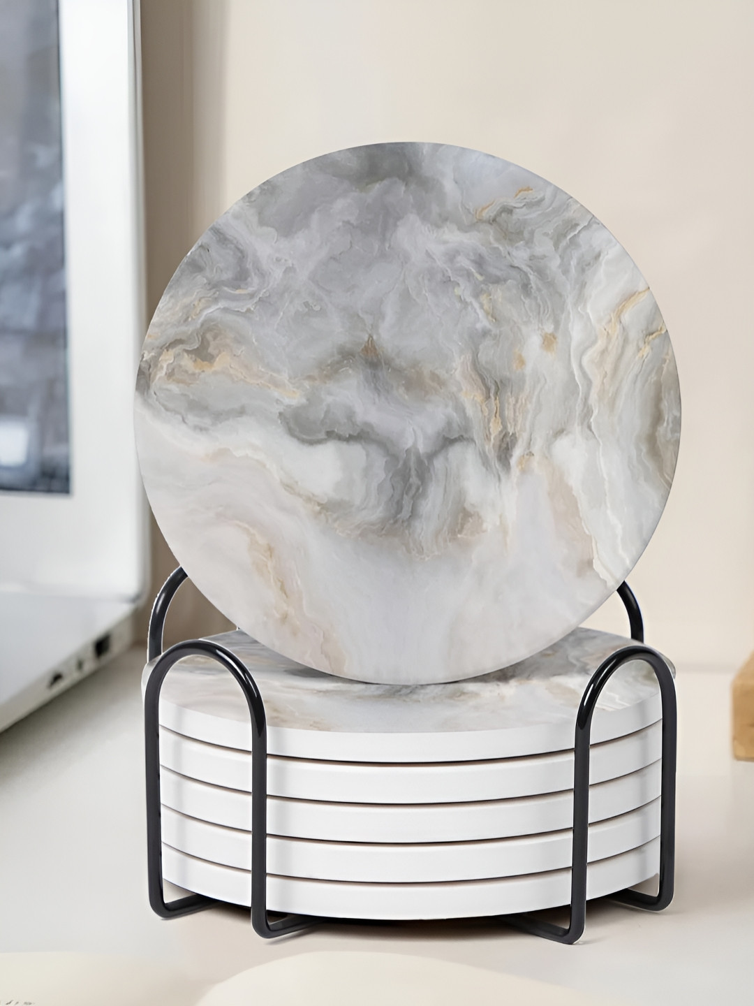 TIED RIBBONS Grey & White 6 Pieces Printed Round Ceramic Coasters With Holder