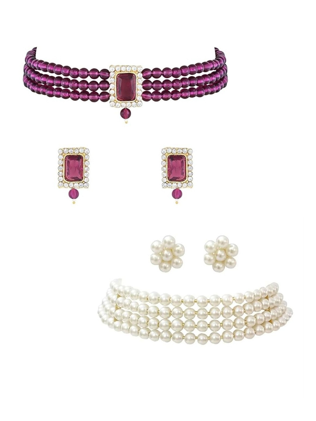 I Jewels Set of 2 Gold Plated Stone Studded & Pearls Beaded Choker Necklace Jewellery Sets